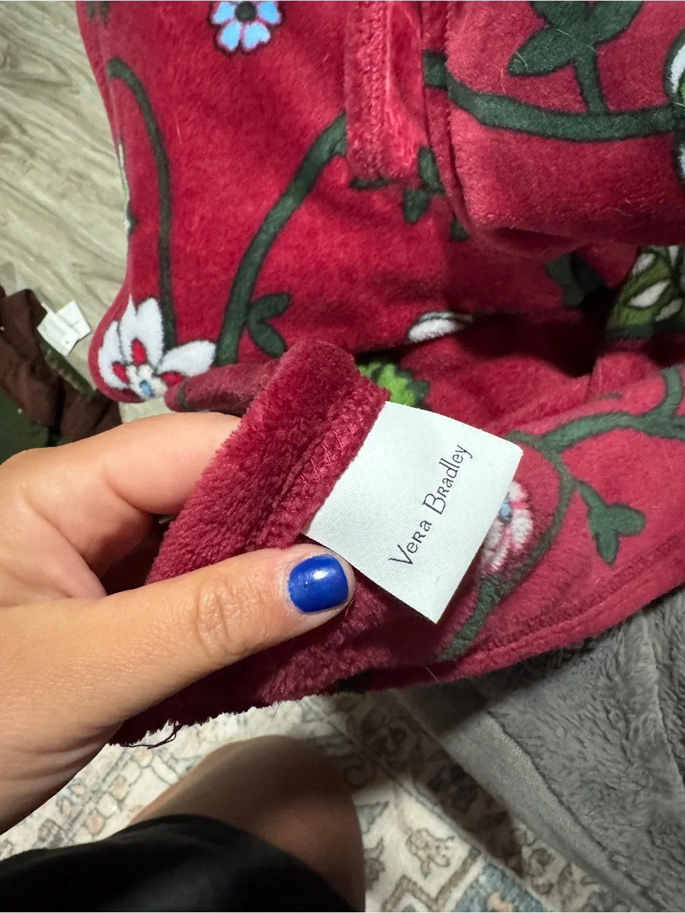Vera Bradley Burgundy Floral Plush Throw with Multicolor Blooms